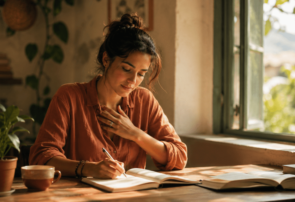 A woman writing in a journal at a sunlit wooden desk, one hand on her chest, learning how to express herself through writing