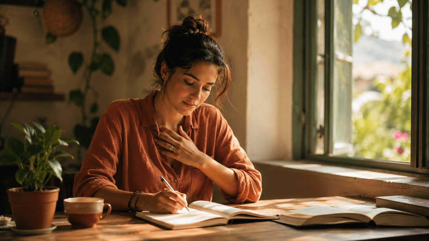 A woman writing in a journal at a sunlit wooden desk, one hand on her chest, learning how to express herself through writing