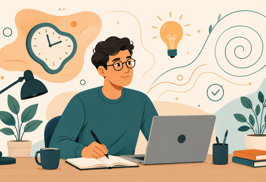 A calm, organized desk workspace illustration representing a personalized ADHD productivity system