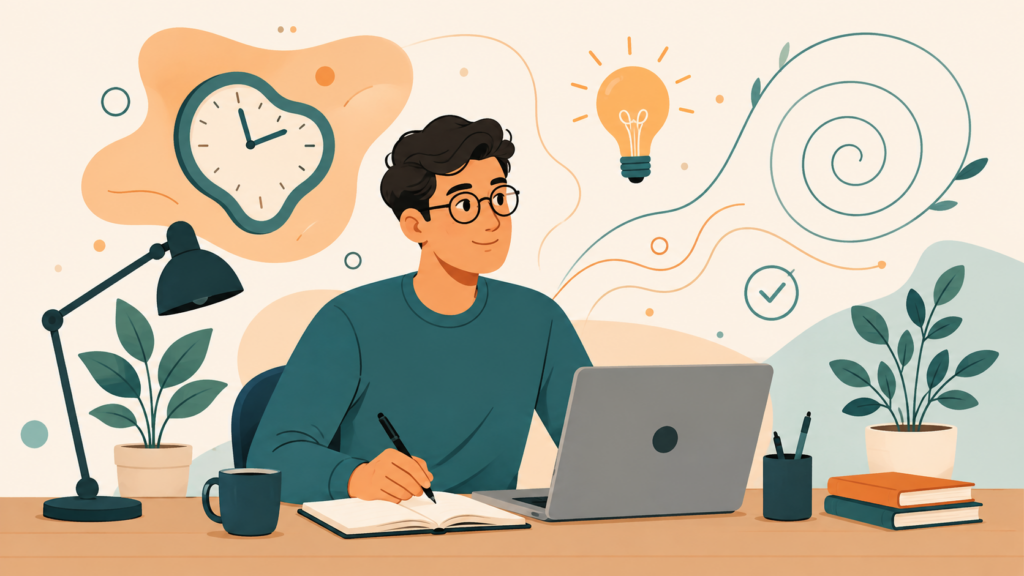 A calm, organized desk workspace illustration representing a personalized ADHD productivity system