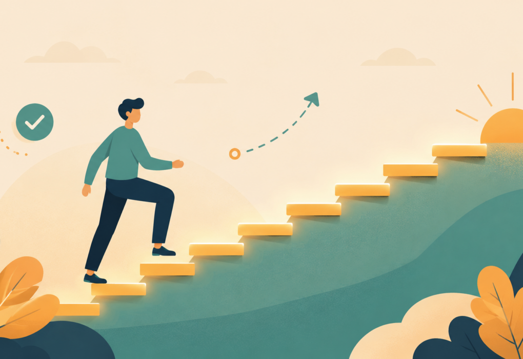 Illustration representing daily momentum-building for productivity, showing small consistent steps forward