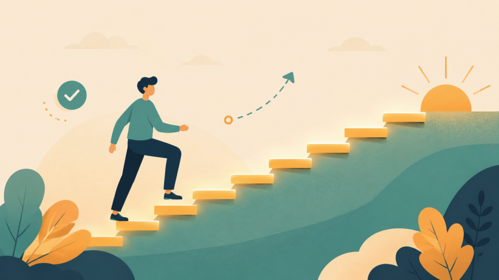 Illustration representing daily momentum-building for productivity, showing small consistent steps forward