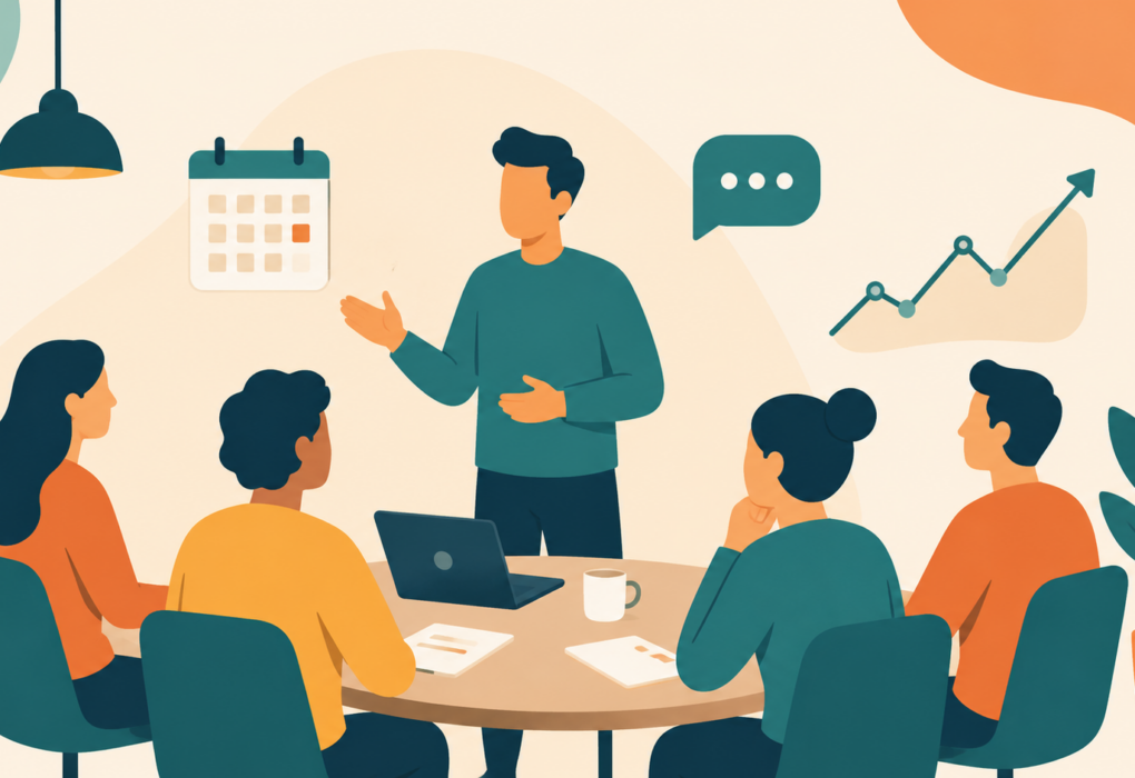 Illustration of a new manager at the head of a table, learning to lead a team in their first 90 days