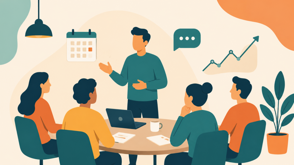 Illustration of a new manager at the head of a table, learning to lead a team in their first 90 days