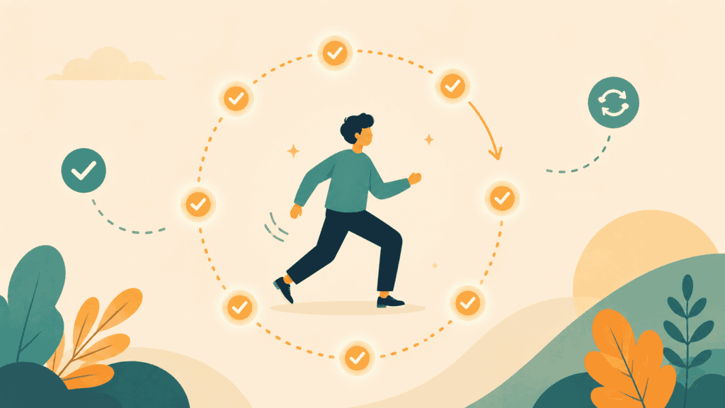 llustration representing the Small-Win Loop stage of building daily momentum — small visible wins repeating throughout the day