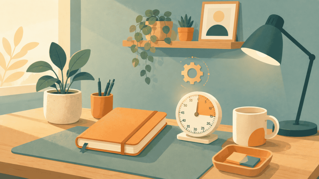 Illustration representing the Environment Scaffolding stage of building daily momentum — a workspace set up to support momentum automatically