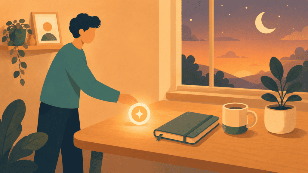 Illustration representing the Evening Handoff stage of building daily momentum — preparing a calm handoff to tomorrow
