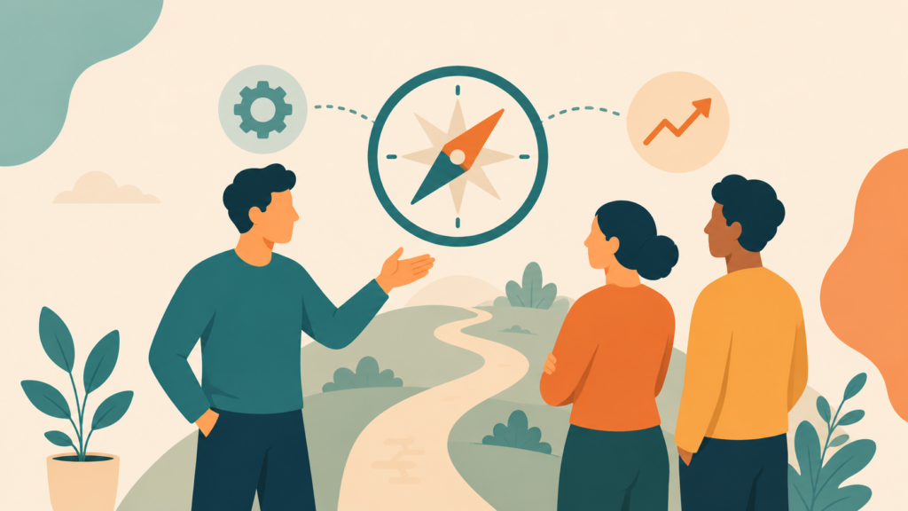 Illustration representing weeks 30-60 of a new manager's role — coaching the team and setting direction