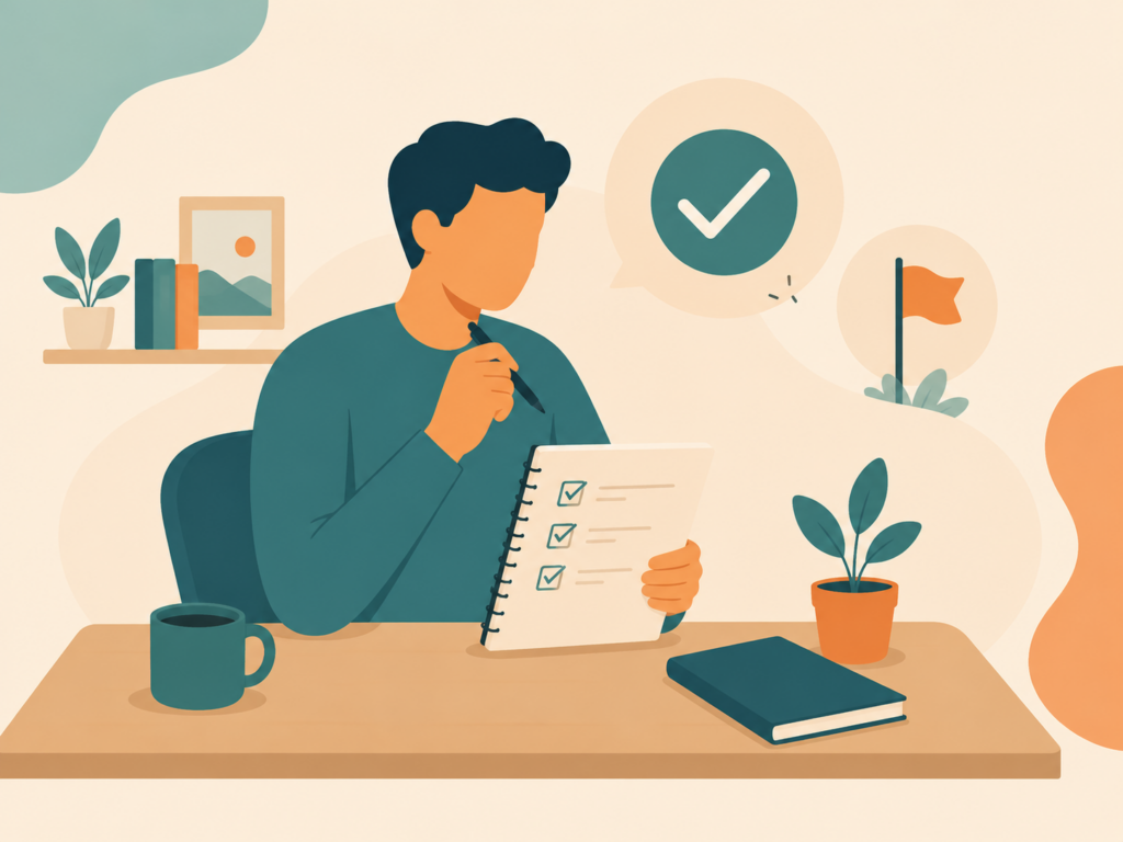 Illustration representing weeks 60-90 of a new manager's role — reviewing progress and reflecting on what's working